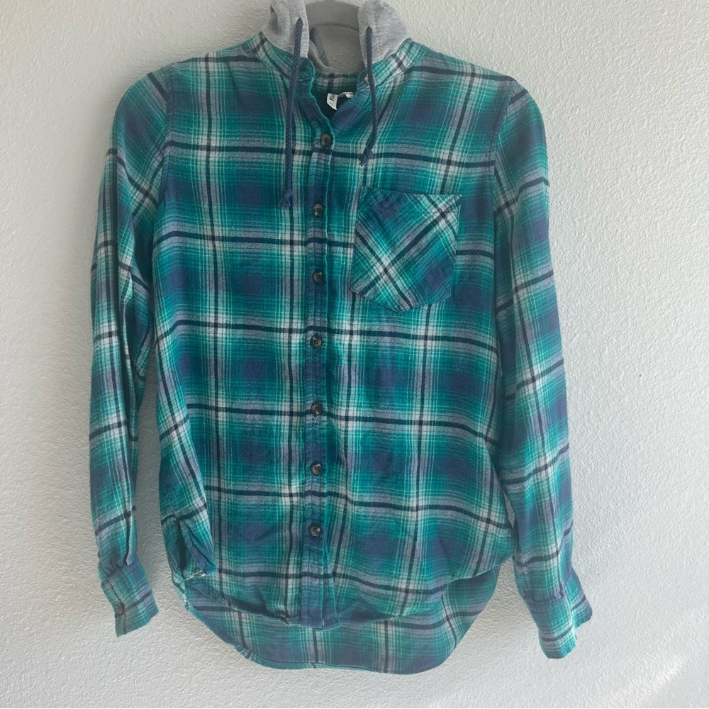 Mudd green and blue hooded plaid button down shirt